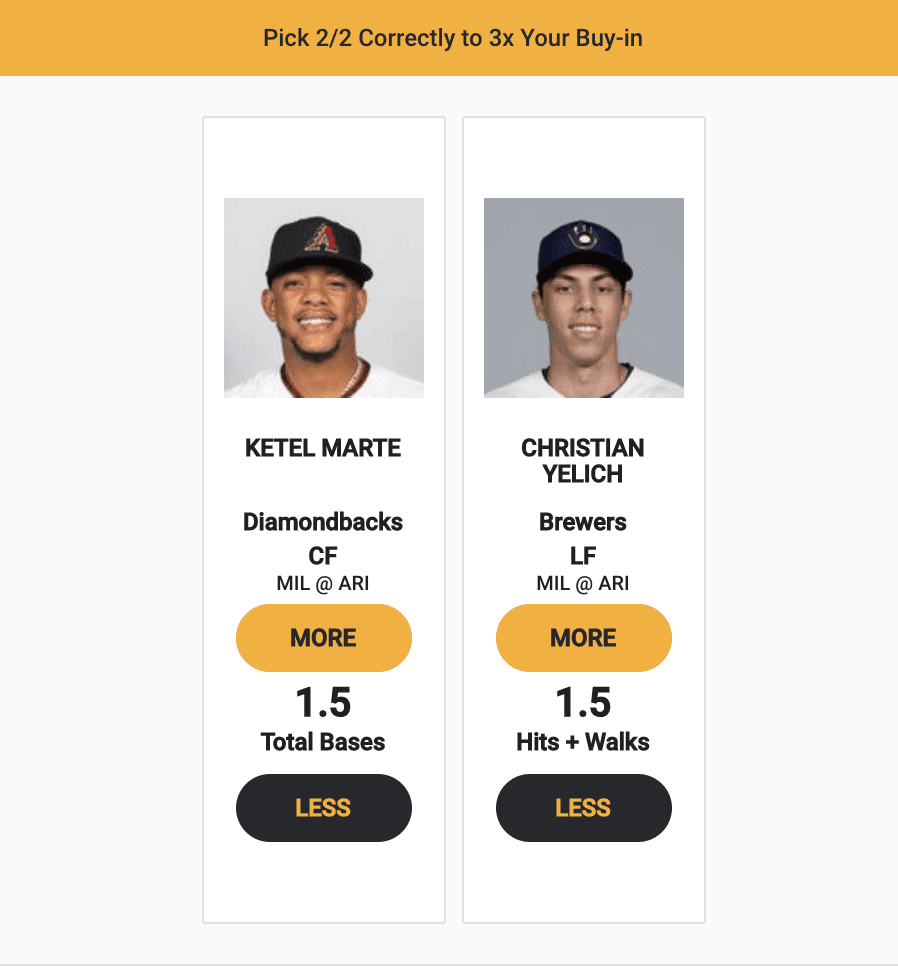 Monkey Knife Fight MLB fantasy picks daily fantasy baseball DFS more or less over/under prop bet picks tonight Monday June 21 2021 expert advice tips strategy cheat sheet Ketel Marte Diamondbacks Christian Yelich Brewers total bases hits walks home runs points 