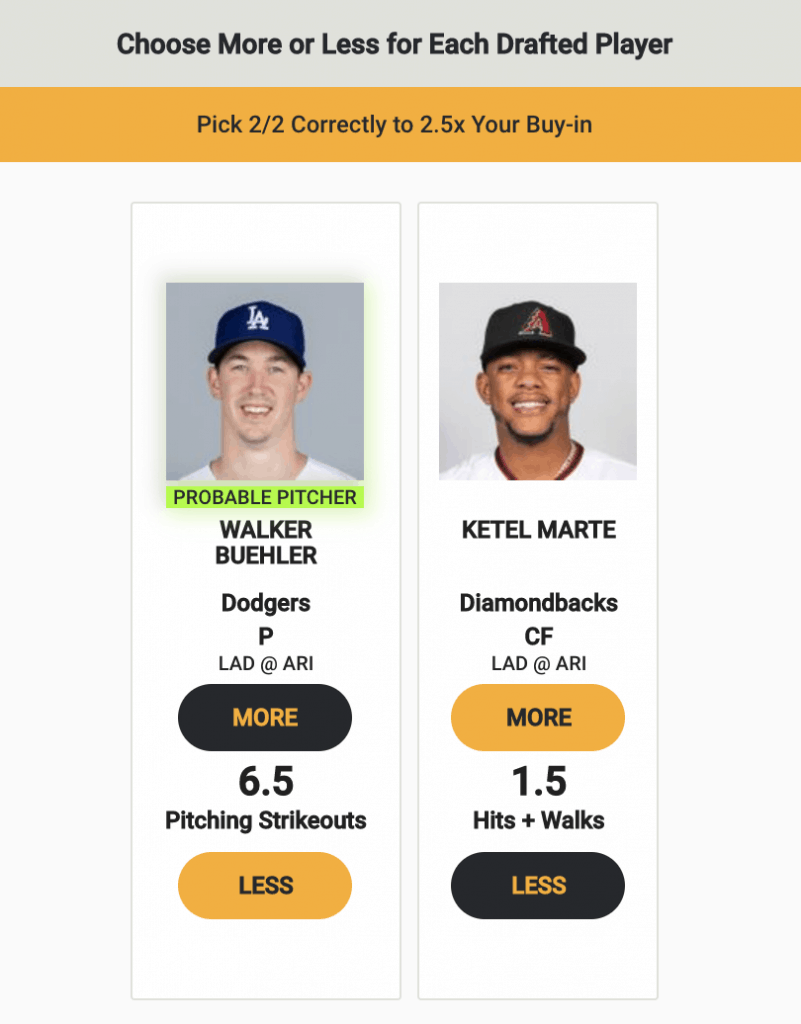 MLB Monkey KNife FIght Picks daily fantasy baseball strikeouts Walker Buehler Los Angeles Dodgers over/under more or less prop bet odds projections ownership rankings tips advice cheat sheet