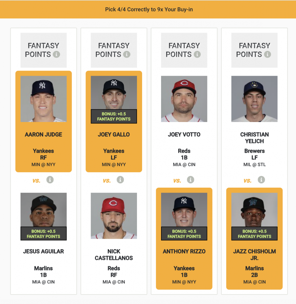 MLB DFS Picks fantasy baseball free rankings today MLB best bets today home runs Yankees Joey Gallo Aaron Judge Anthony Rizzo Joey Votto player prop picks