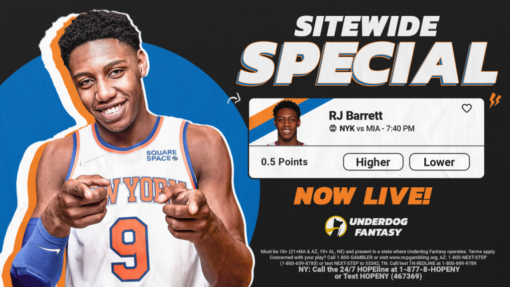 Underdog Fantasy has a fantastic No-Brainer offer for Tuesday: RJ Barrett O/U 0.5 Points. Add it to your lineup for a free space!
