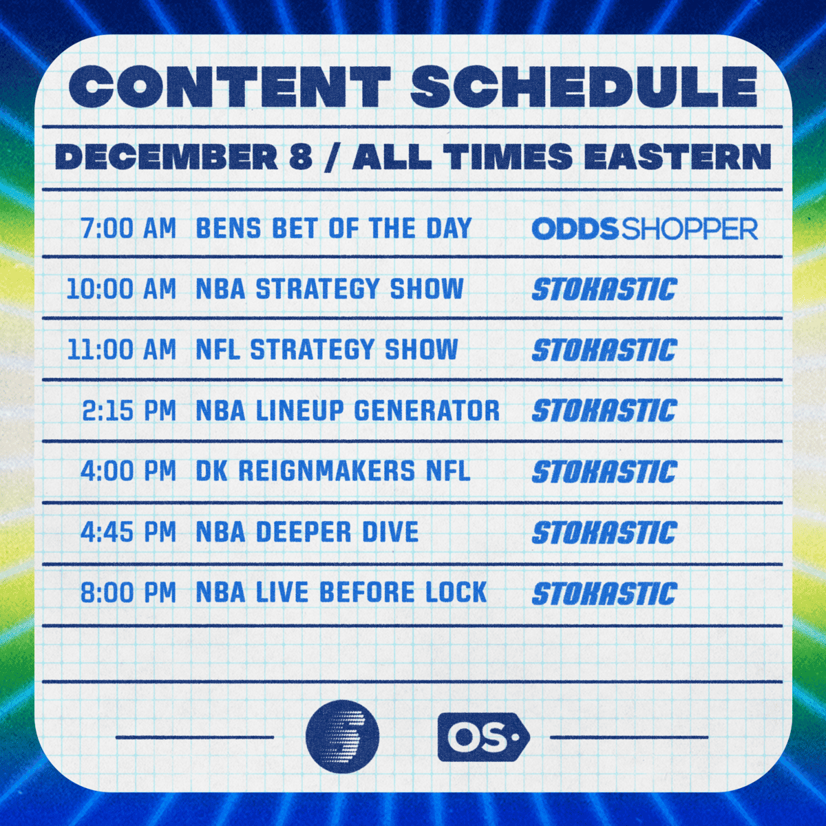 Stokastic DFS YouTube Schedule